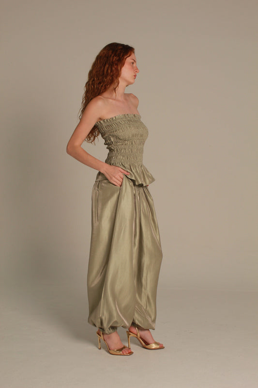 Lustre Satin Set — Olive Champagne Smocked Top & Wide-Leg Pants
