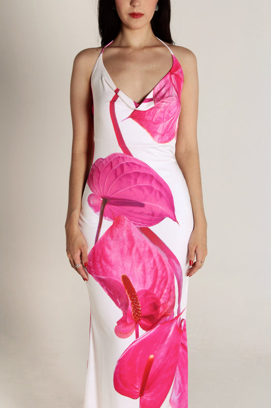 BEIGE HALTER DRESS WITH PINK FLOWERS