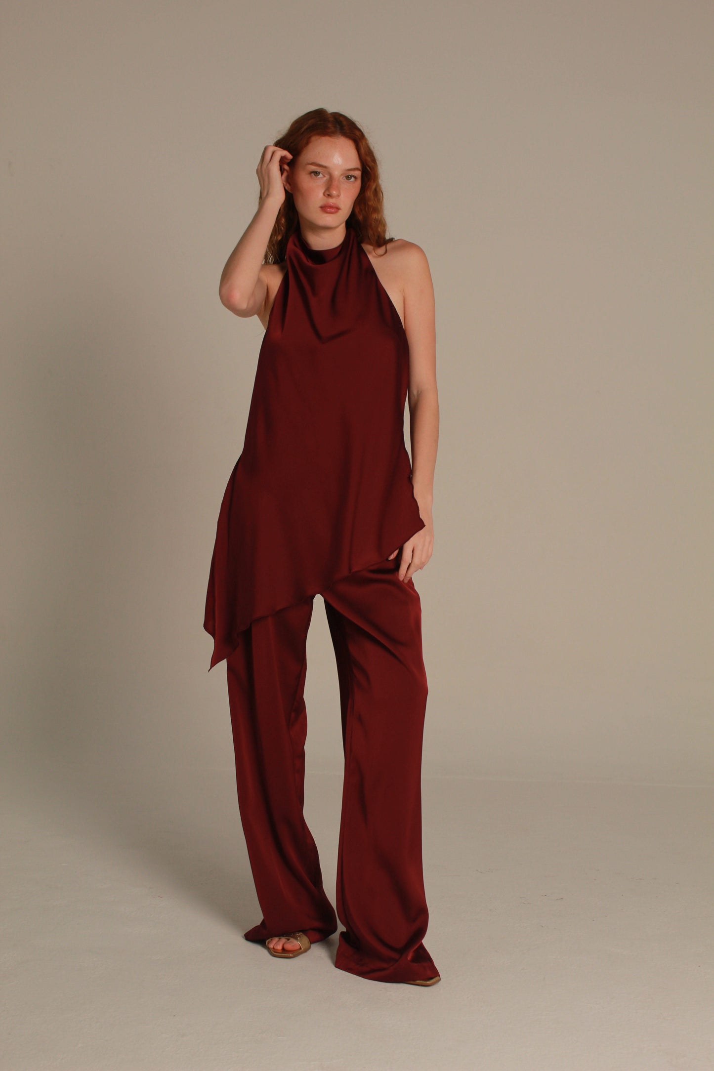 Élan Satin Top — Burgundy Draped Neck