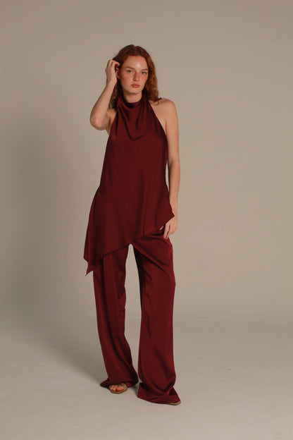 Élan Satin Top — Burgundy Draped Neck