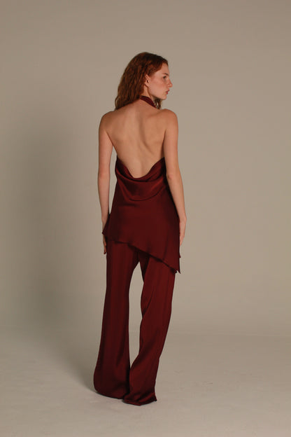 Élan Satin Top — Burgundy Draped Neck