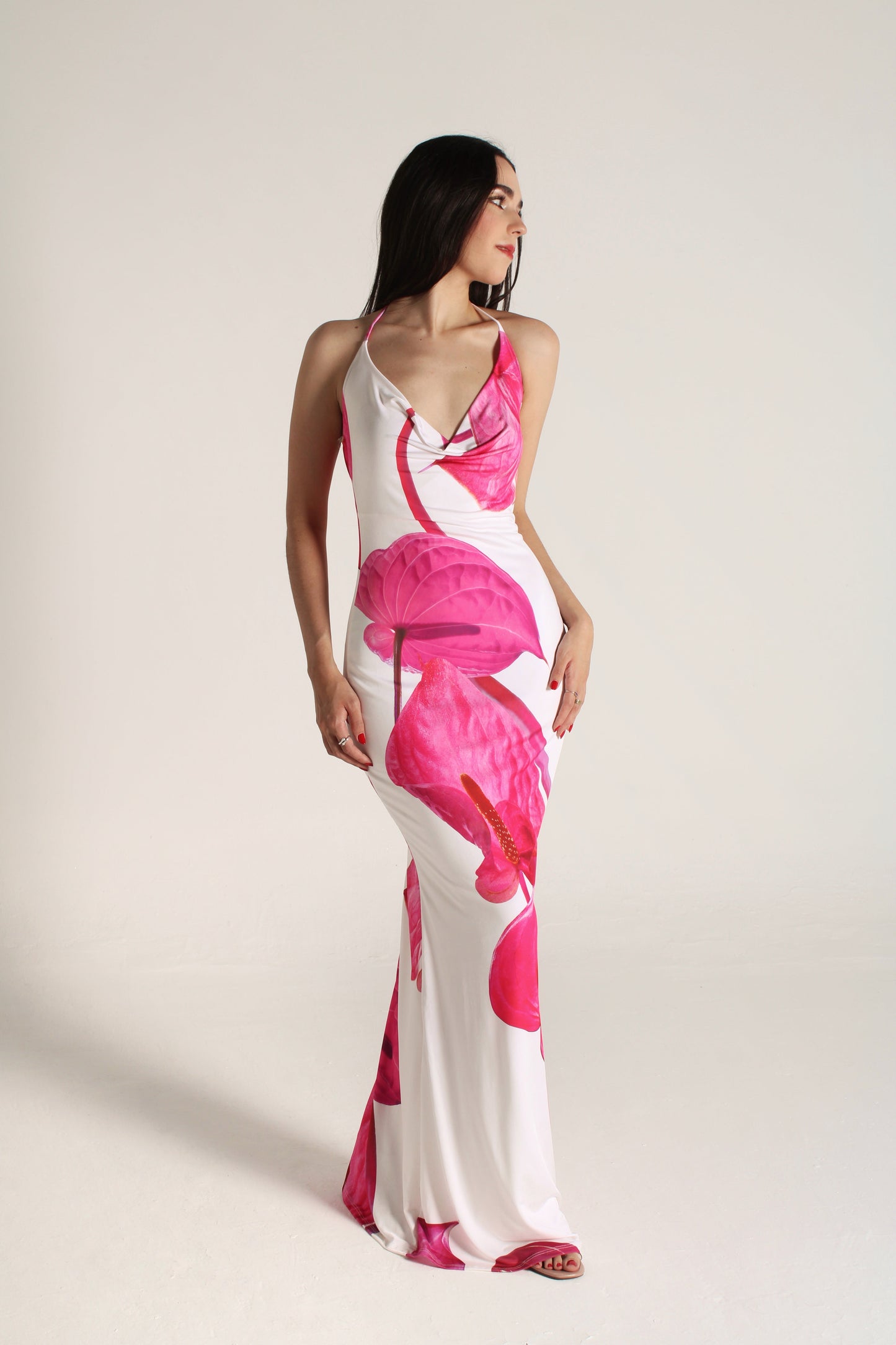 BEIGE HALTER DRESS WITH PINK FLOWERS