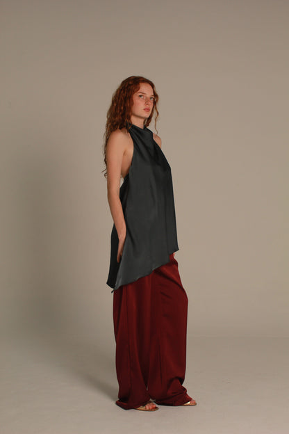 Élan Satin Top — Burgundy Draped Neck