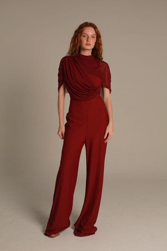 Rouge Jumpsuit — Burgundy Mock-Neck Draped Wide-Leg