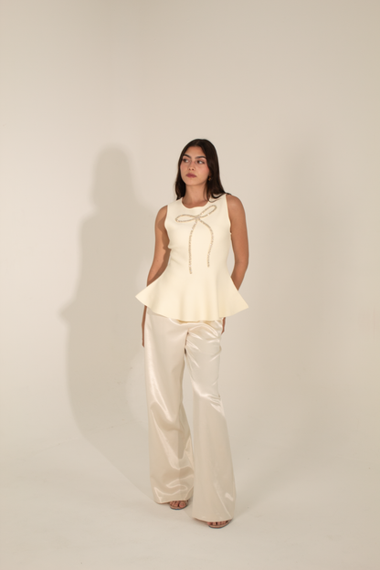 Beige Blouse With Bow Design