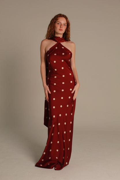 Colette Maxi Dress — Burgundy Polka Dot