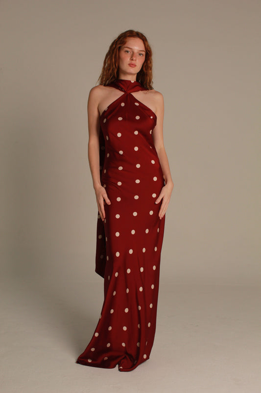 Colette Maxi Dress — Burgundy Polka Dot Halter Open Back