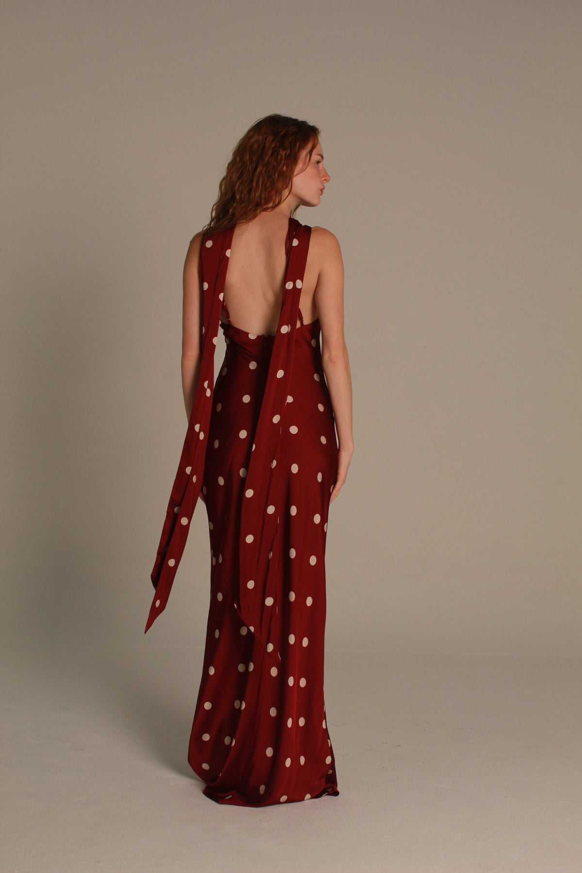 Twisted Halter Open-Back Polka Dot Maxi Dress