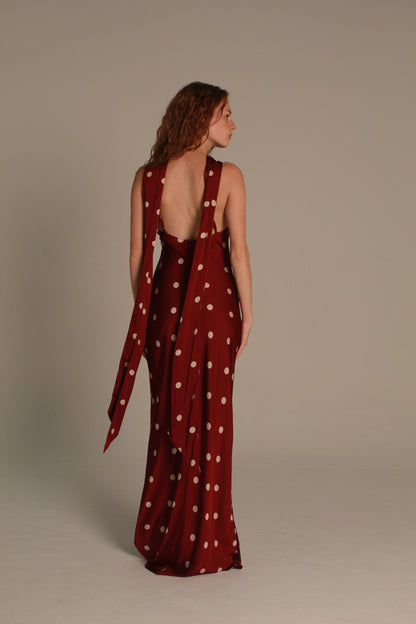 Twisted Halter Open-Back Polka Dot Maxi Dress