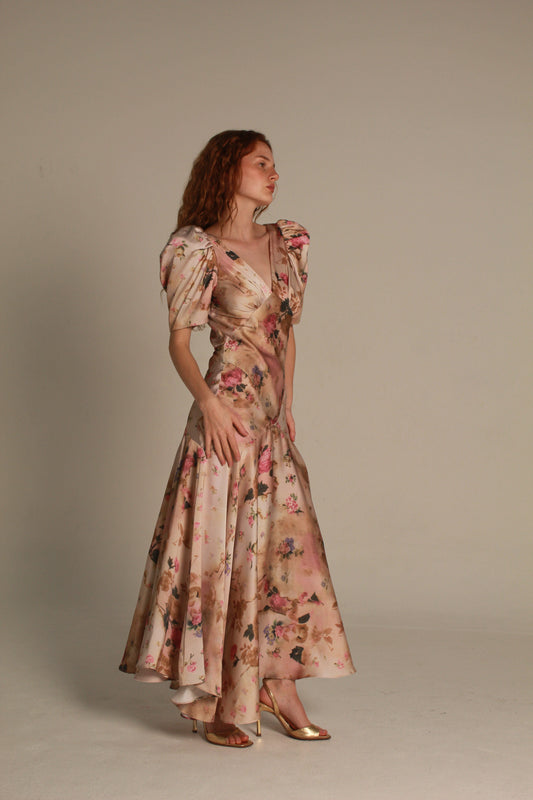Bloom Maxi Dress — Blush Floral Satin V-Neck Puff Sleeve