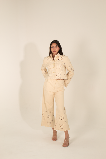 Beige Pants with Guipure Lace
