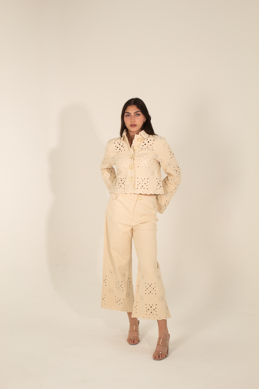 Beige Pants with Guipure Lace