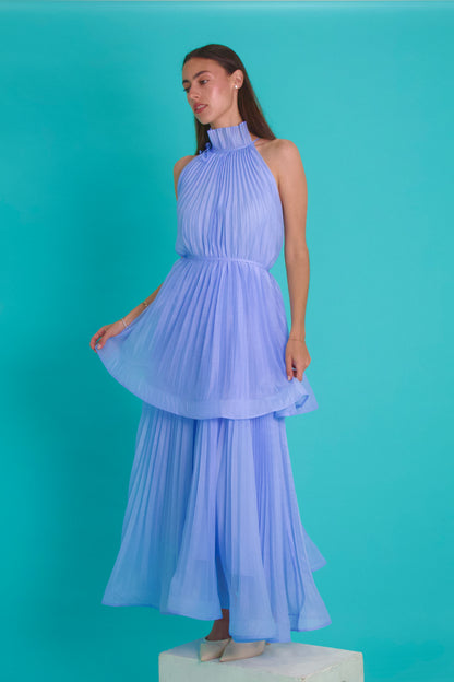 Sky Blue Pleated Halter Maxi Dress