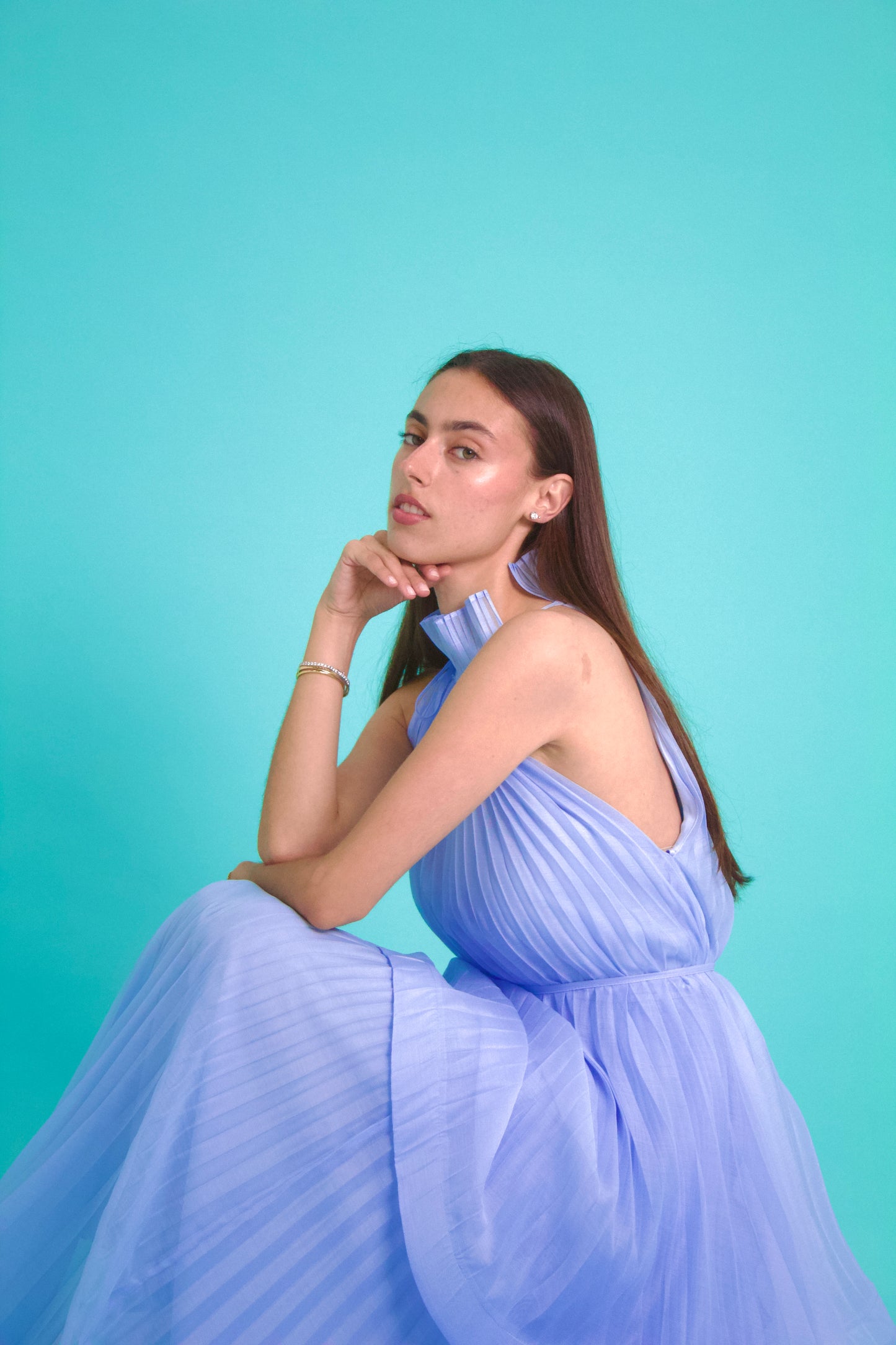 Sky Blue Pleated Halter Maxi Dress