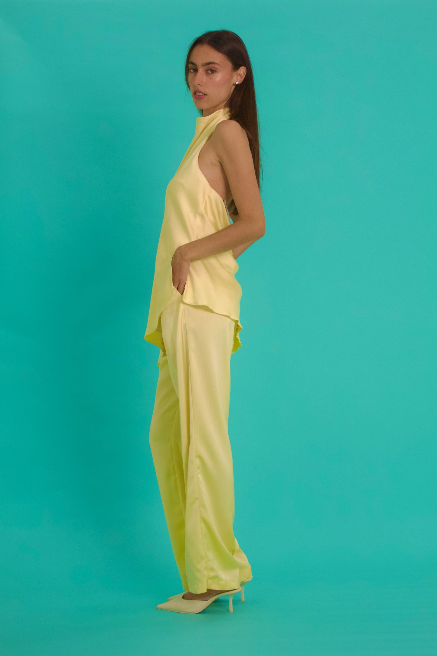 asymetric halter satin set