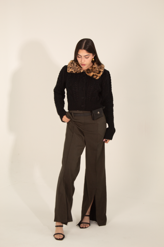 Leopard Collar Cable Knit Cardigan