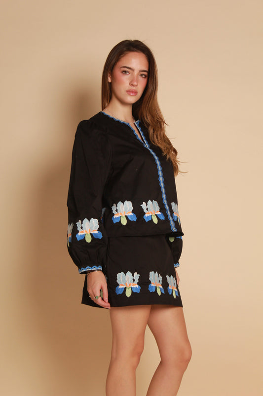 Embroidered Skirt — Black & Blue Floral