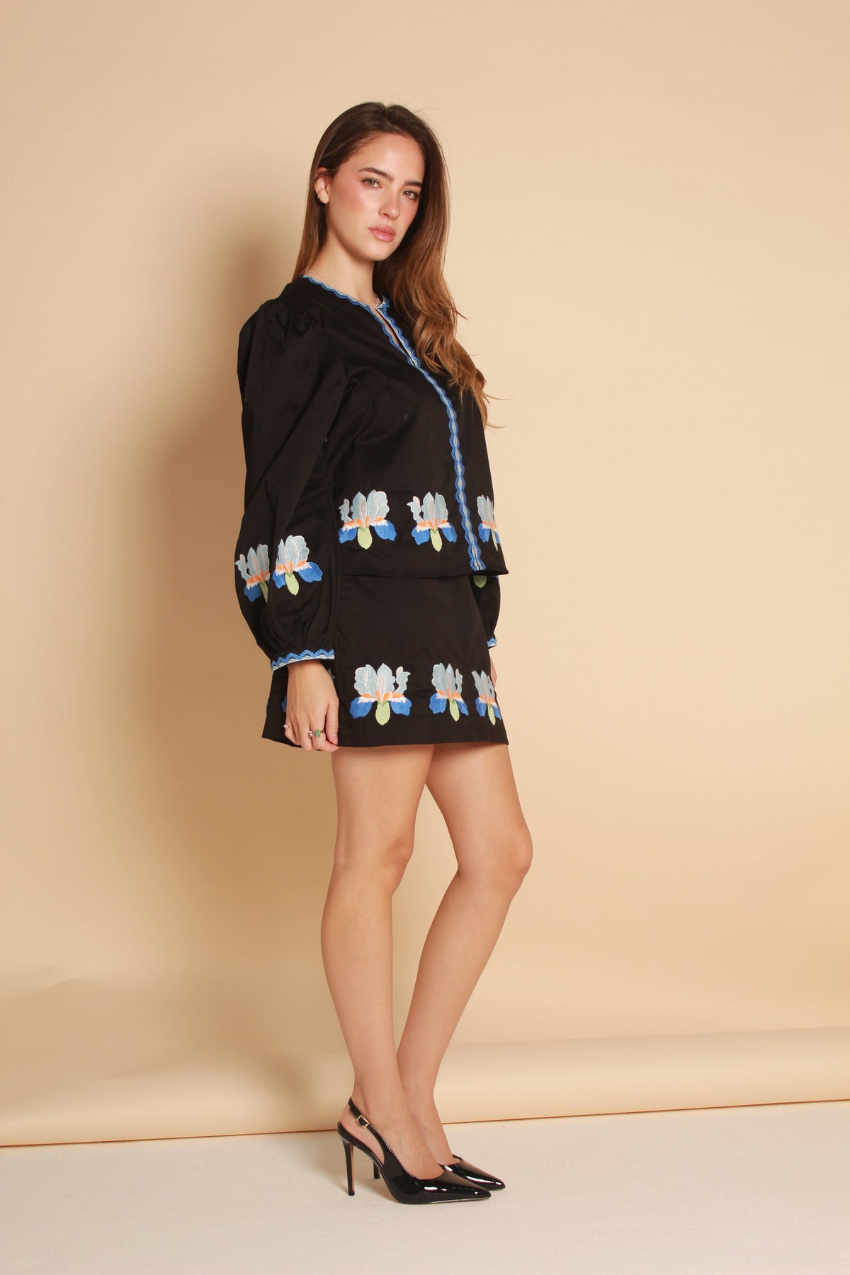 Embroidered Skirt — Black & Blue Floral