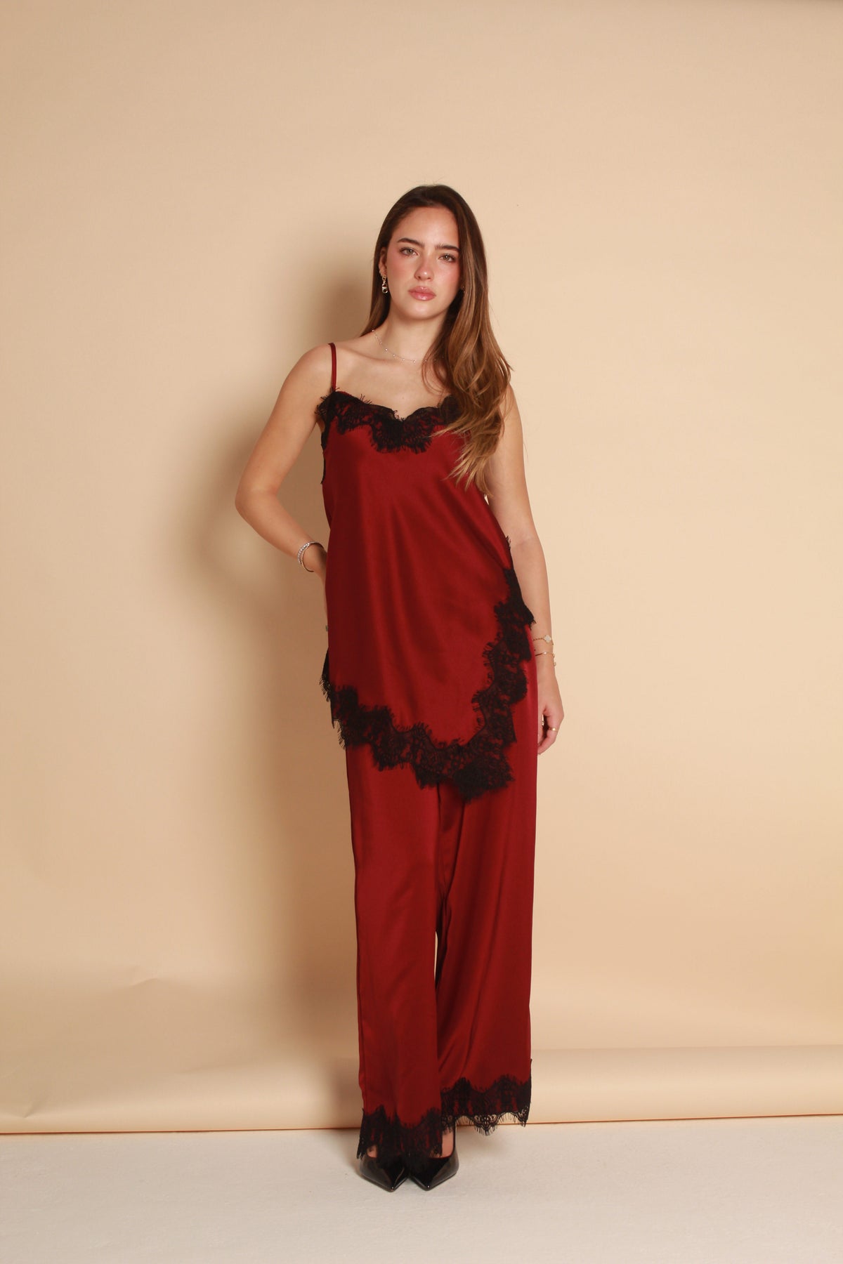 Satin Lace Trim Top — Burgundy & Black