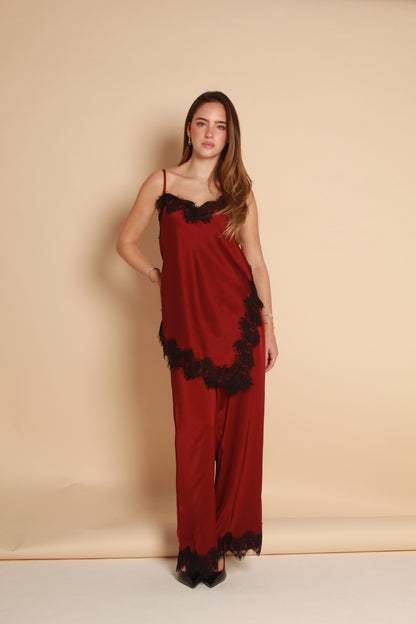 Satin Lace Trim Pants — Burgundy & Black