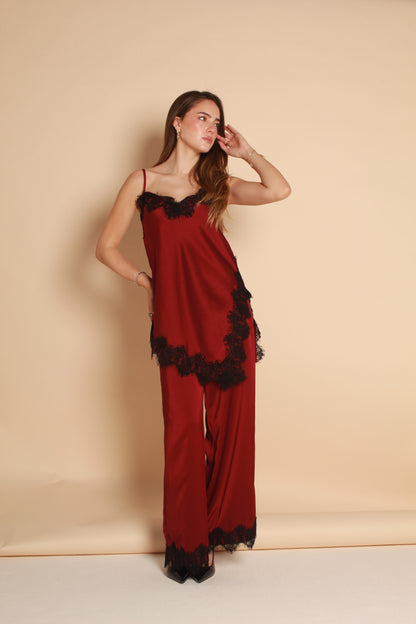 Satin Lace Trim Pants — Burgundy & Black