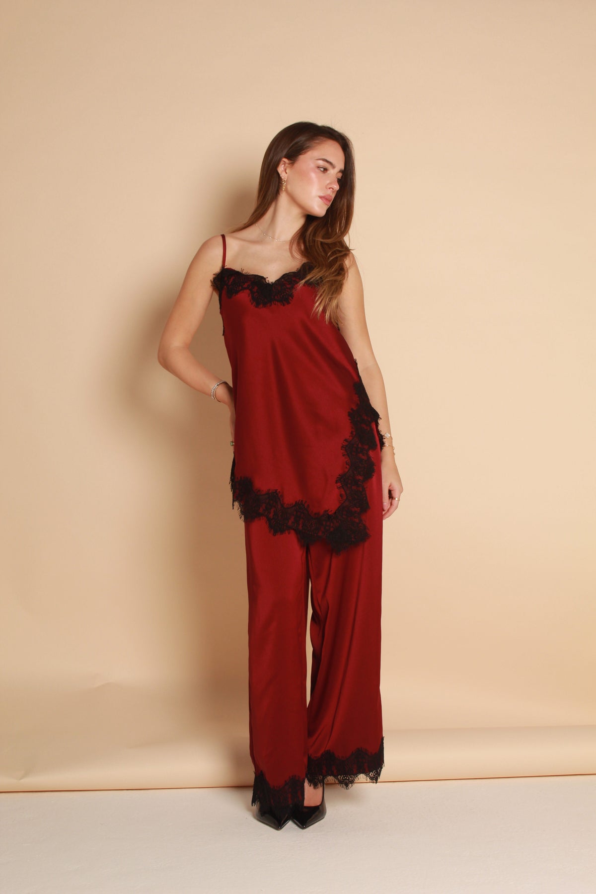 Satin Lace Trim Pants — Burgundy & Black