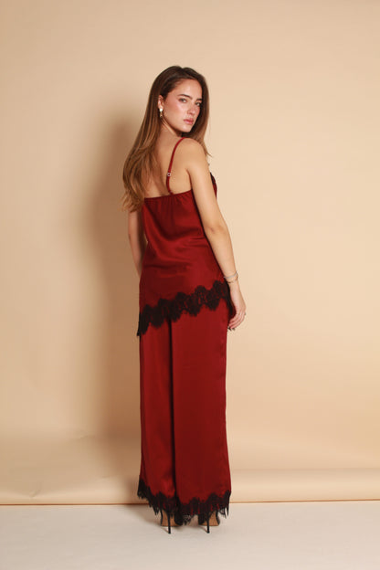 Satin Lace Trim Pants — Burgundy & Black