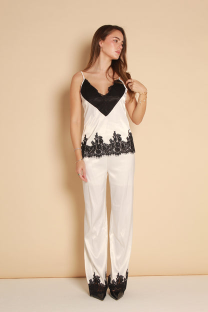 Lace Trim Satin Pants — White & Black