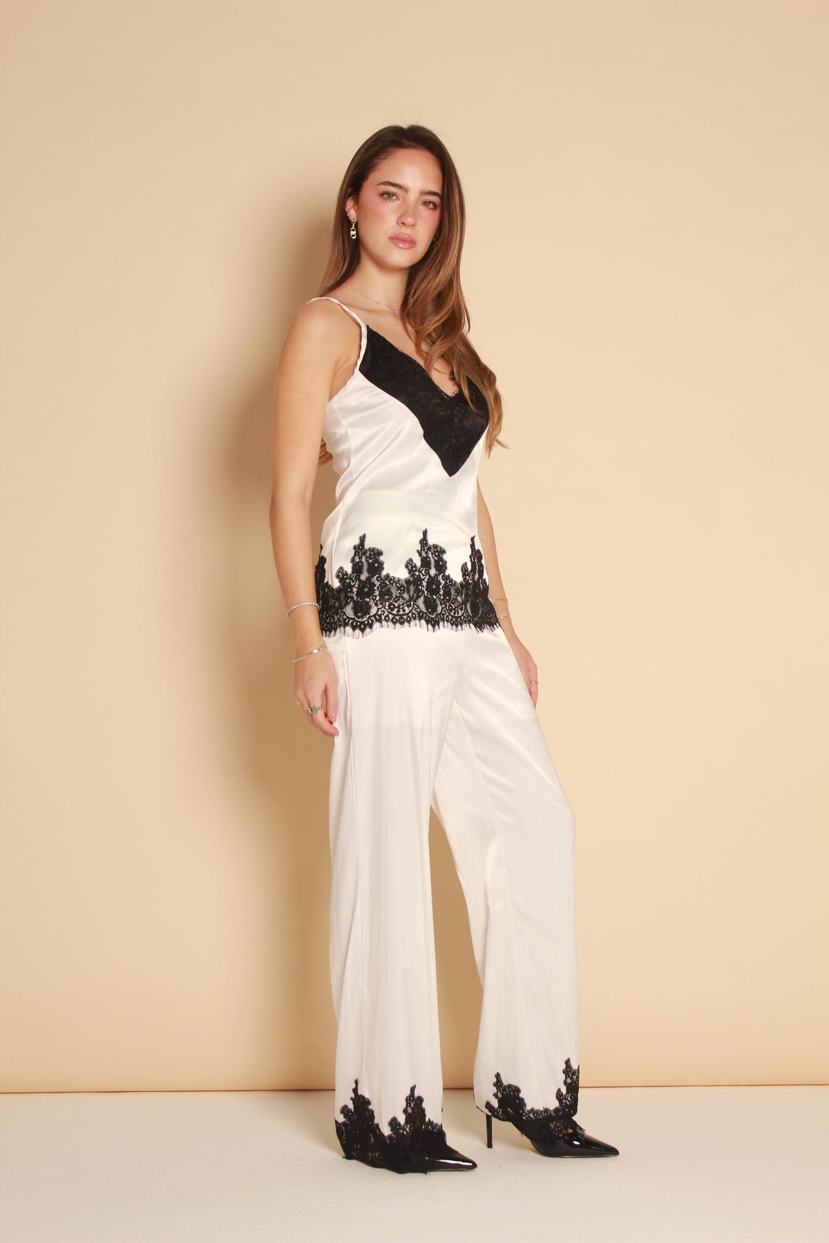Lace Trim Satin Pants — White & Black