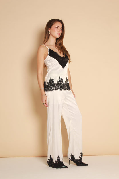 Lace Trim Satin Pants — White & Black