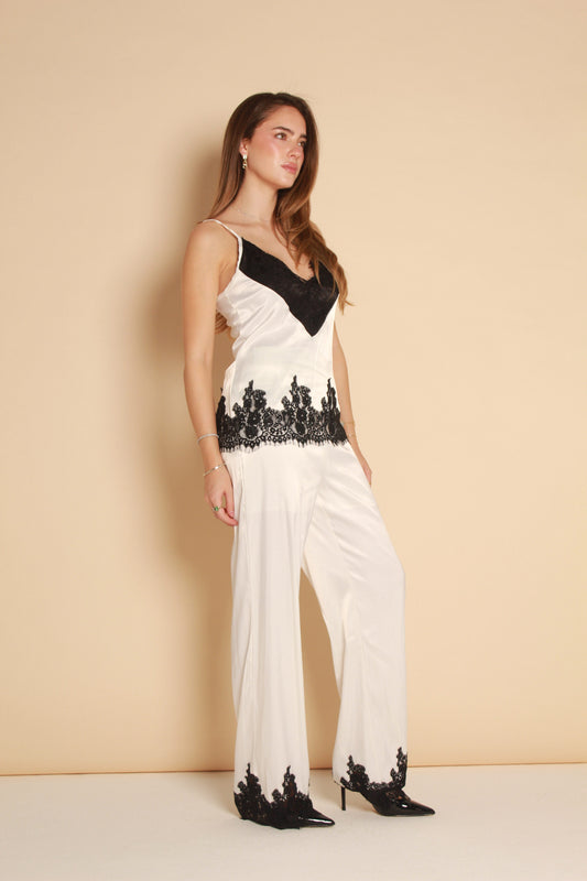 Lace-Hem Satin Straight-Leg Pants