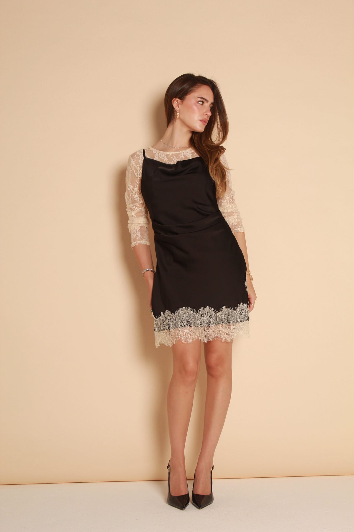 Lace Trim Satin Mini Dress — Black & Ivory