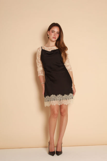 Lace Trim Satin Mini Dress — Black & Ivory