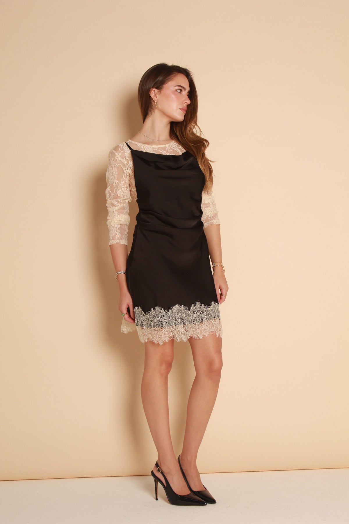 Lace Trim Satin Mini Dress — Black & Ivory