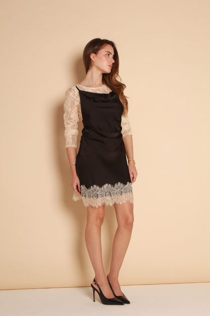 Lace Trim Satin Mini Dress — Black & Ivory