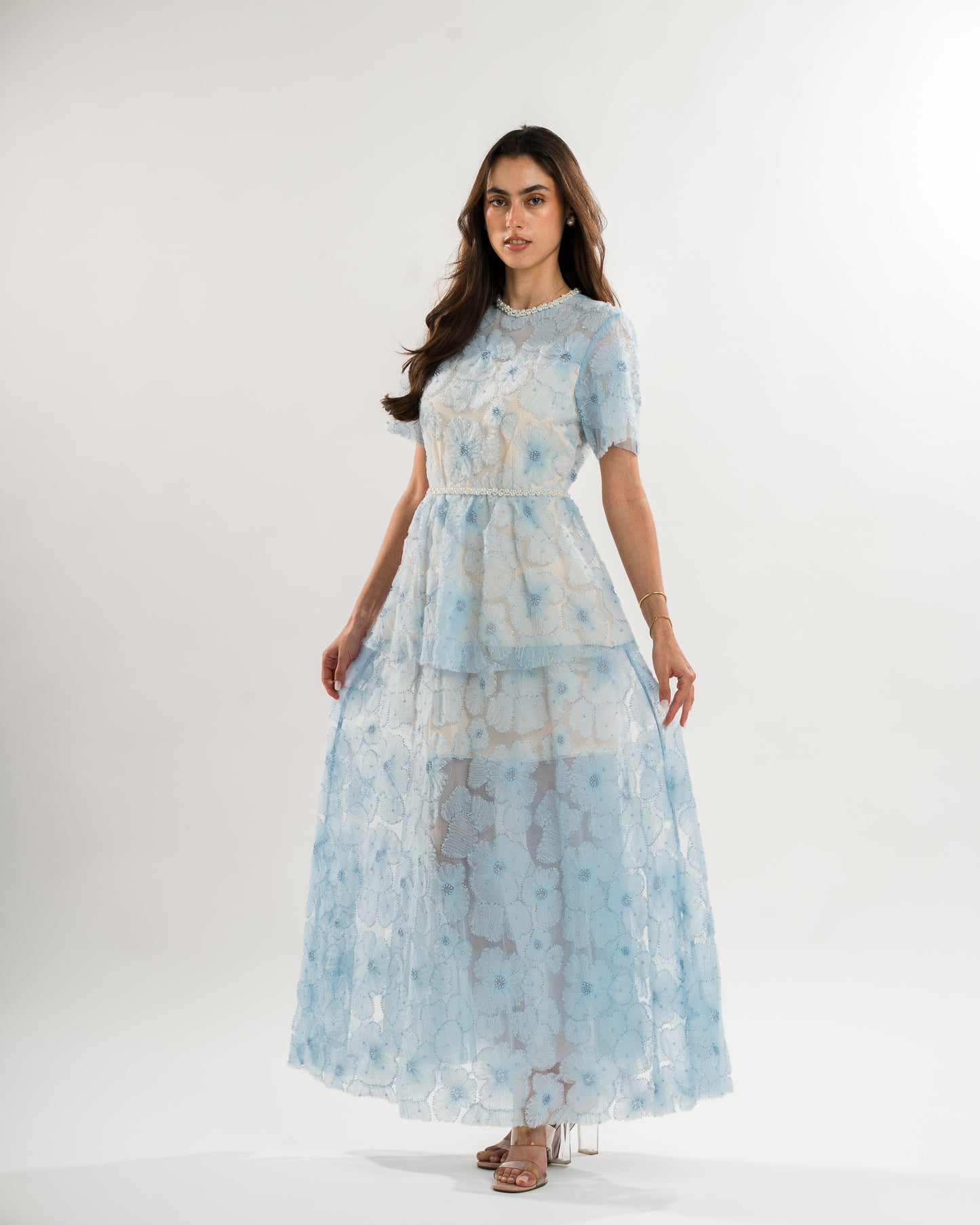 LIGHT BLUE DRESS WITH PEARLS