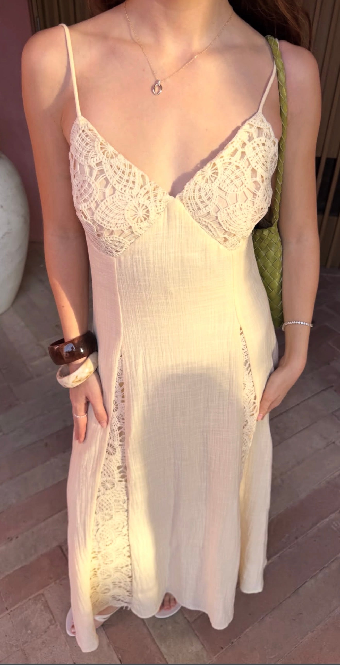 Vanilla Crochet Maxi Dress – V-Neck Spaghetti Strap with Lace Panels