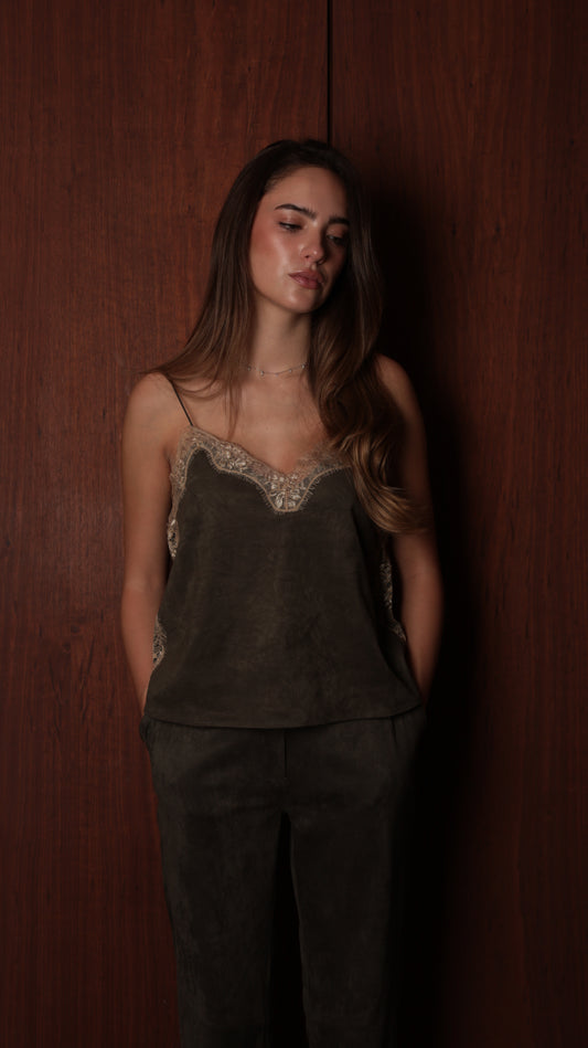 Suede-Texture Relaxed Straight-Leg Pants