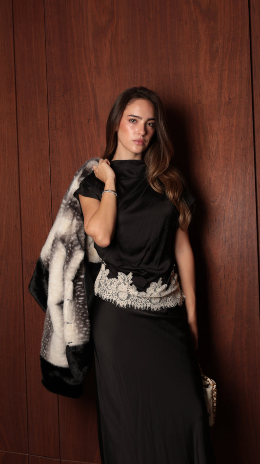 Lace-Trimmed Draped Mock-Neck Top