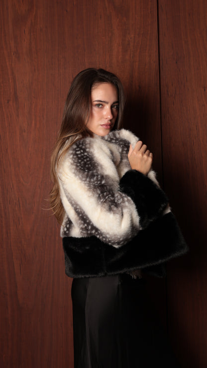 Monaco Faux Fur Jacket — Black & Ivory Contrast Fur Jacket