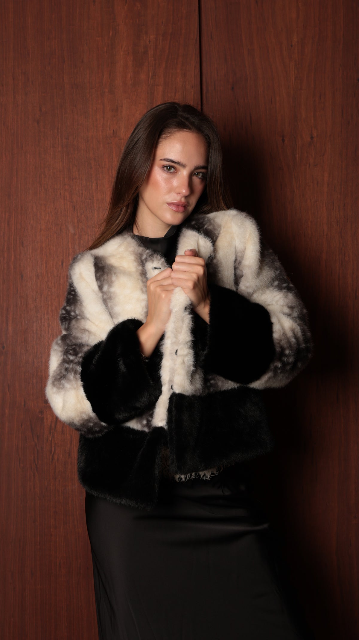 Monaco Faux Fur Jacket — Black & Ivory Contrast Fur Jacket