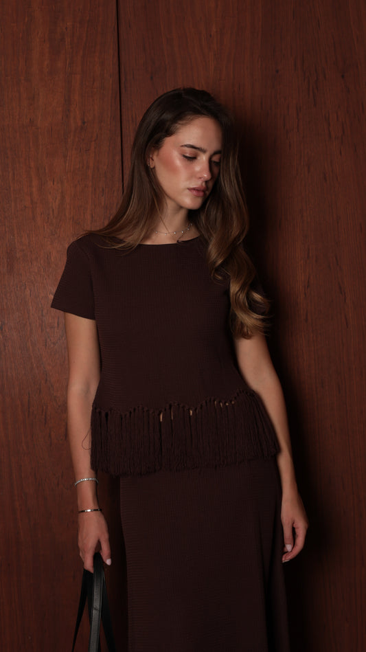 Fringe-Trimmed Ribbed Knit Top