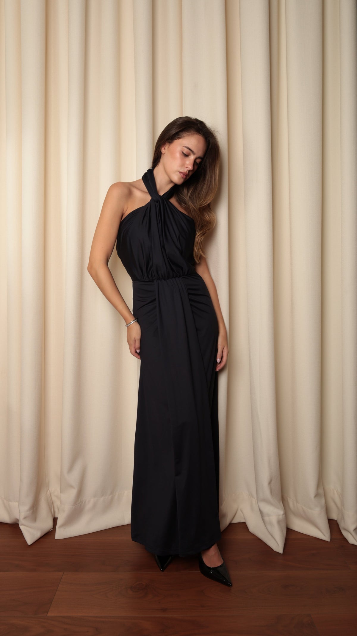 Twisted Halter Open-Back Maxi Dress