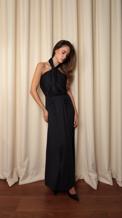 Twisted Halter Open-Back Maxi Dress