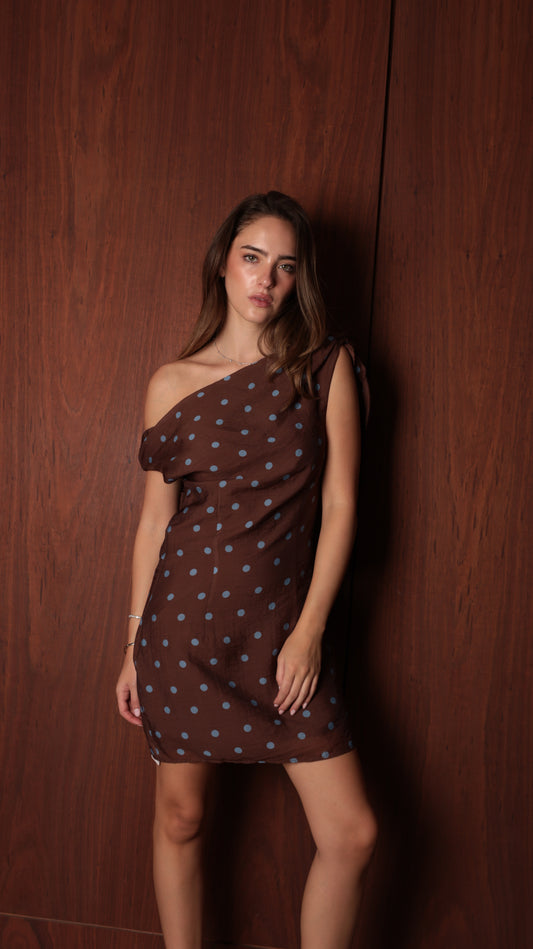 One-Shoulder Polka Dot Draped Dress