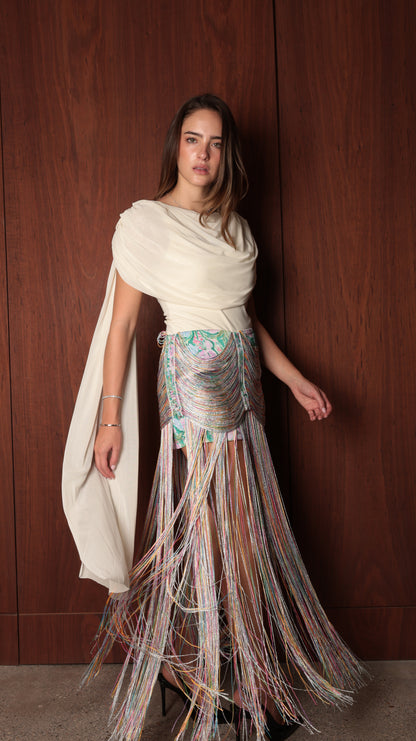 Fringe Skirt — Multicolor Draped Fringe Maxi Skirt