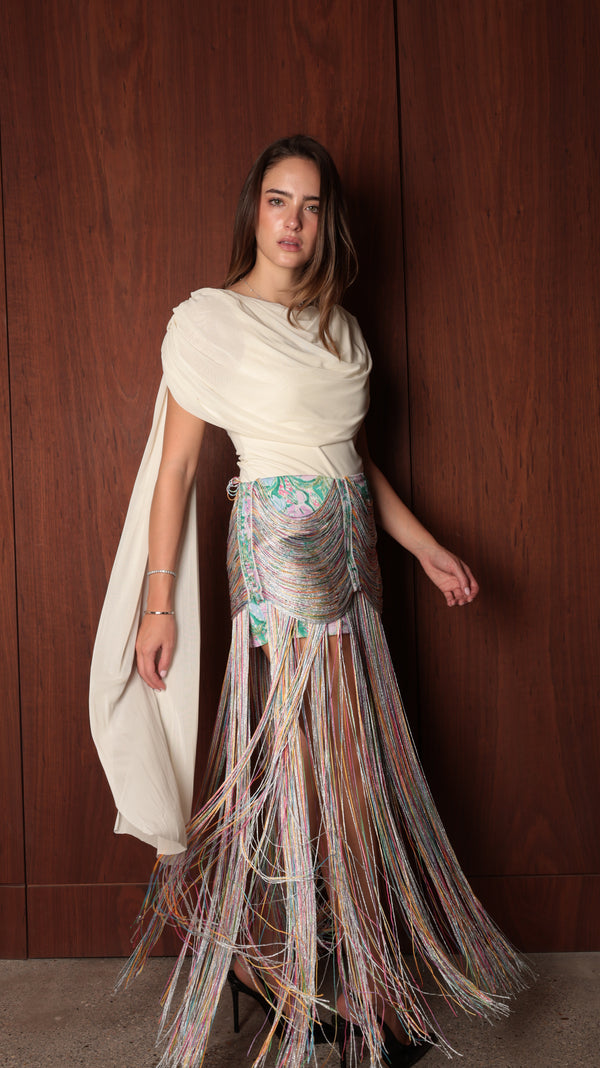 Fringe Skirt — Multicolor Draped Fringe Maxi Skirt