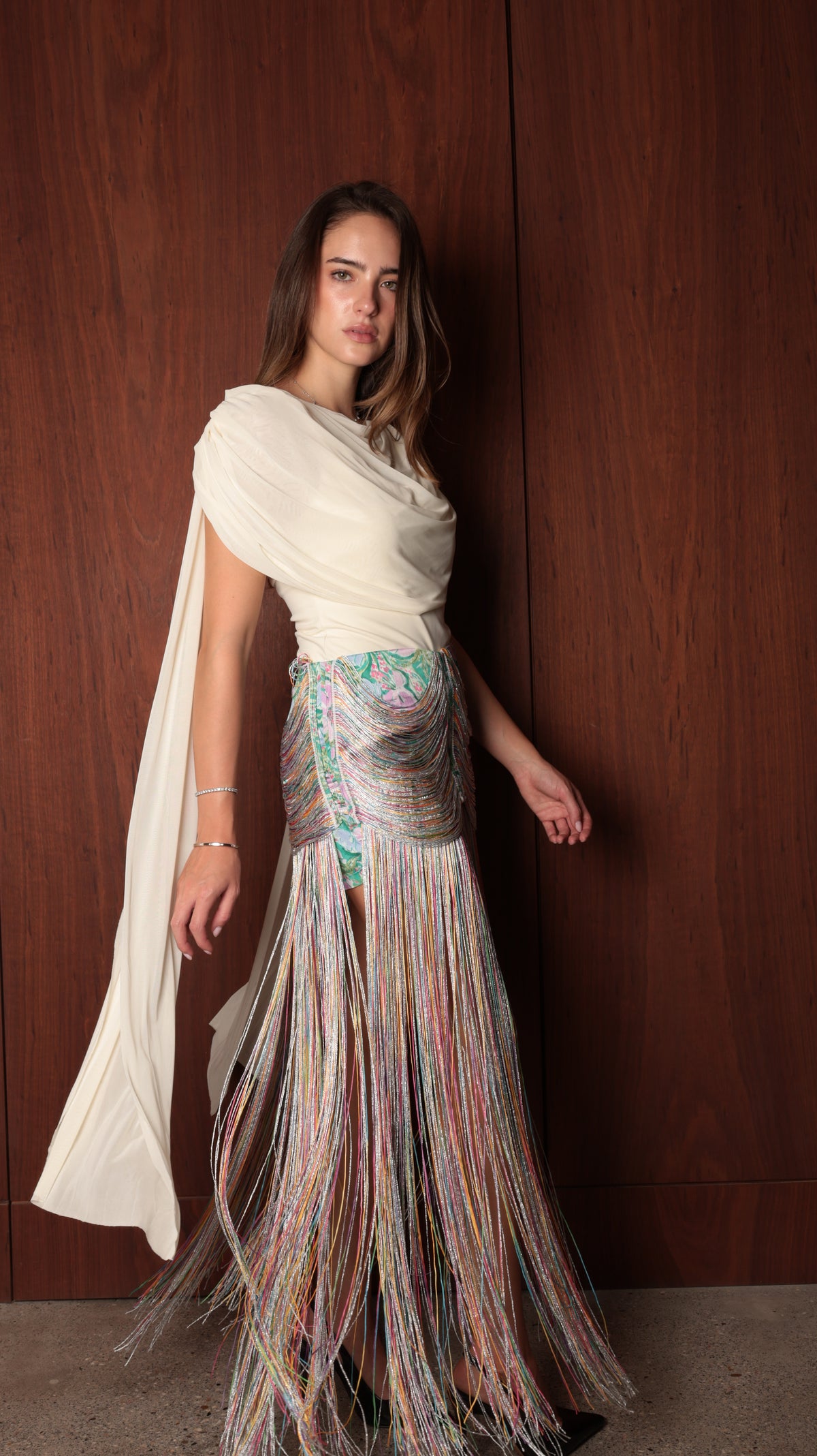 Fringe Skirt — Multicolor Draped Fringe Maxi Skirt