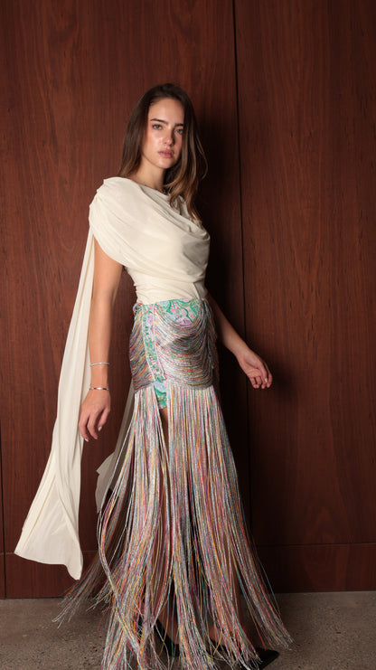 Fringe Skirt — Multicolor Draped Fringe Maxi Skirt