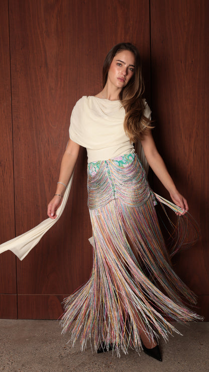 Fringe Skirt — Multicolor Draped Fringe Maxi Skirt